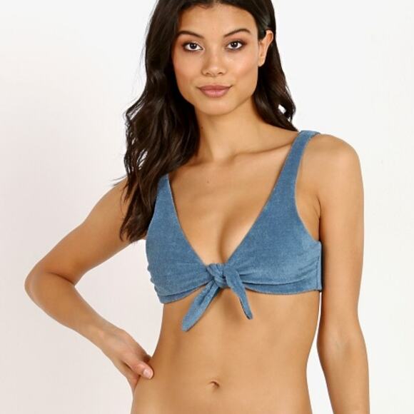 NEW Mara Hoffman Rio Knot Front Scoop Neck Bikini Swim Top in Slate Blue - Picture 2 of 13